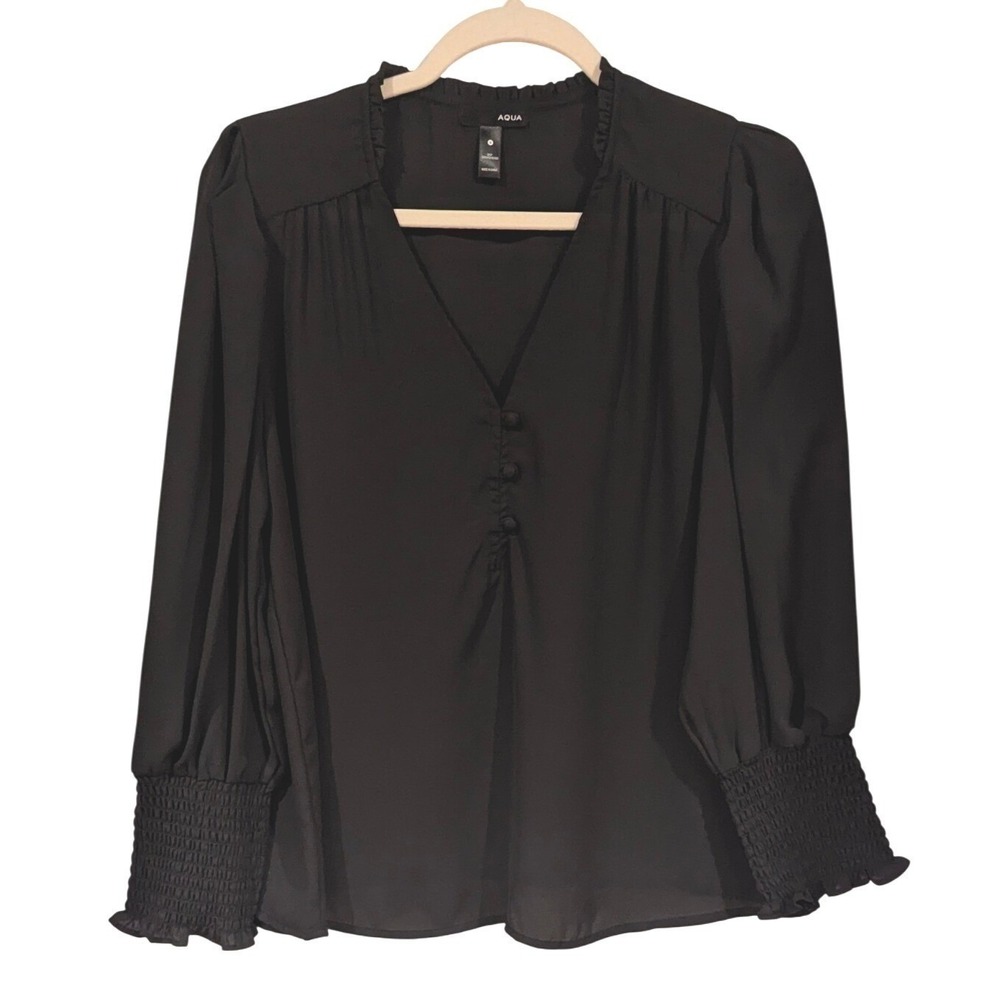 Aqua V-Neck Blouse Small Black Smocked Cuff Ruffle Button Front Office Chic - Picture 2 of 7